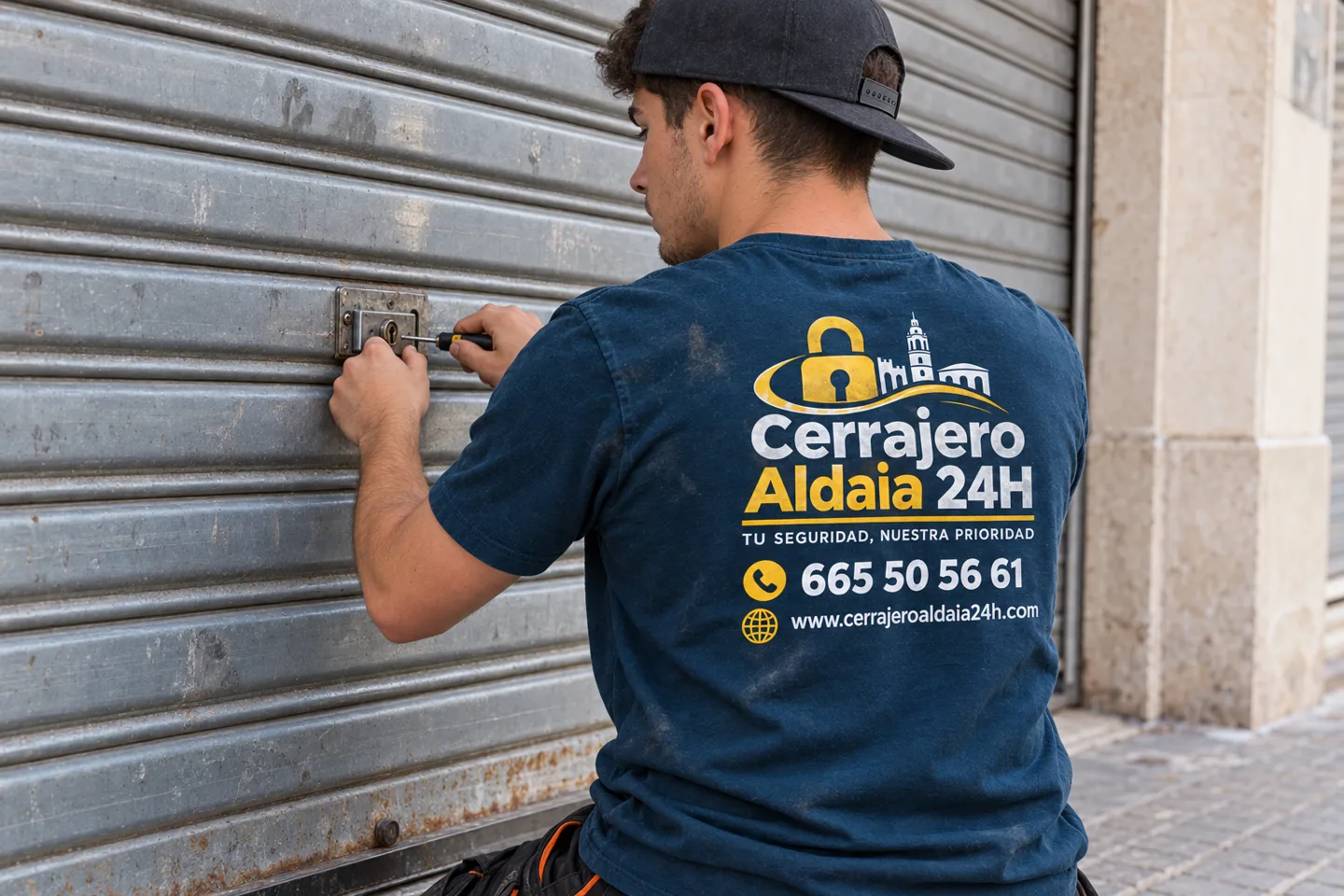 Técnico de Cerrajero Aldaia 24H revisando una persiana metálica