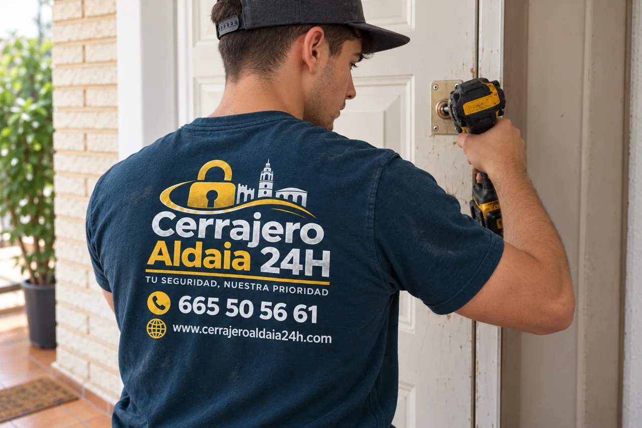 Escena ilustrativa de cerrajero de Aldaia atendiendo una puerta residencial